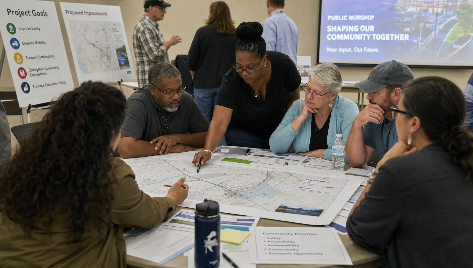 Adult residents, procurement officers and community representatives gather around project plans and service maps in a public workshop.