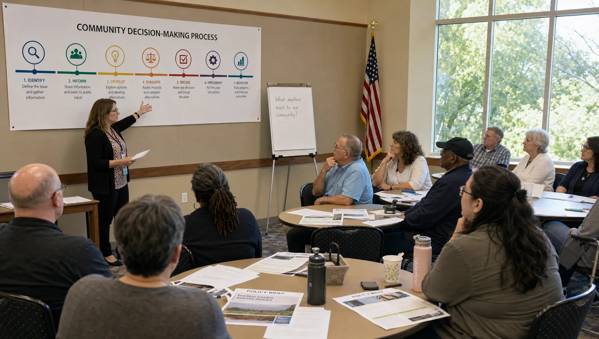 Adult residents seated in a circular public forum with policy briefs on the tables and a facilitator beside a timeline of decision stages.
