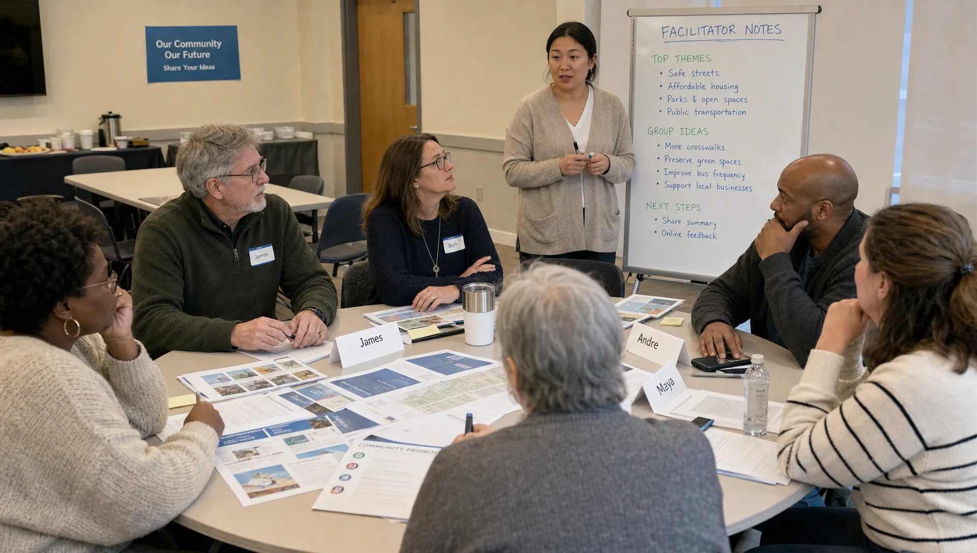 Adult residents sit in a circle around printed civic briefs, name cards and a facilitator’s notes board in a public meeting room.