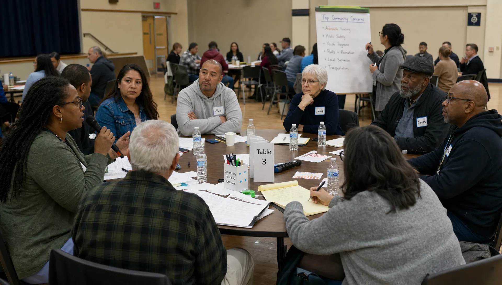 Adult residents sit in a circle in a public hall, with notes, microphones, and voting materials on the tables as facilitators record shared concerns for review.