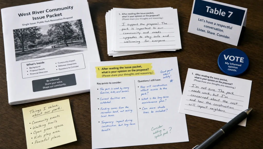 An issue packet, response cards and a voting token sit together as tools for civic participation.