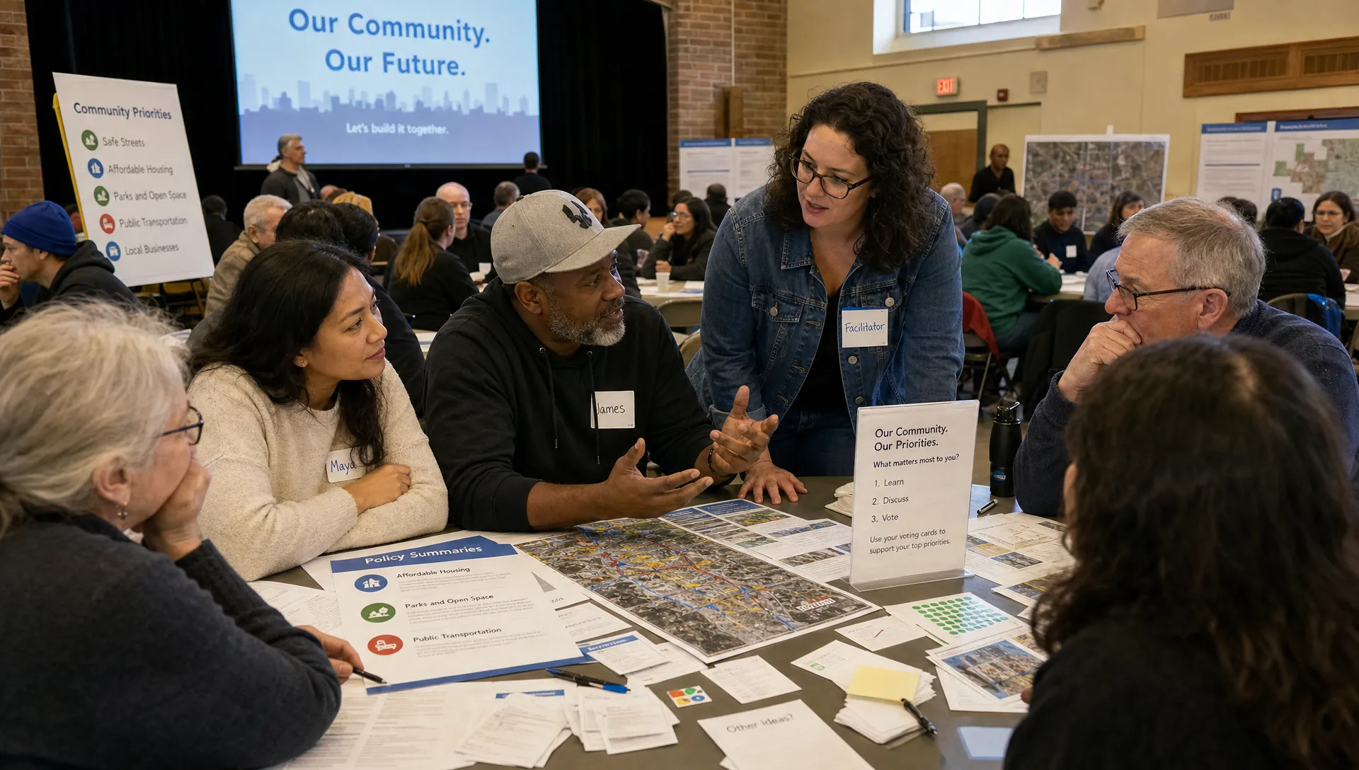 Community members gathered around a long table in a neighborhood hall with printed policy summaries, local maps, and voting cards, while facilitators guide small-group discussion of civic priorities.