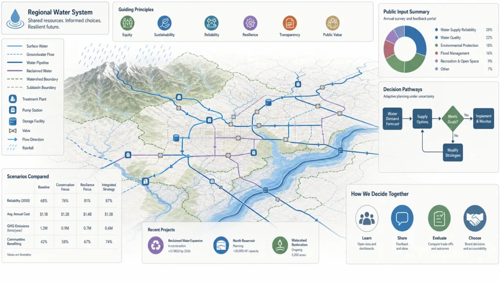 Contour lines, flow arrows and decision nodes form an abstract map of public water governance and participation.
