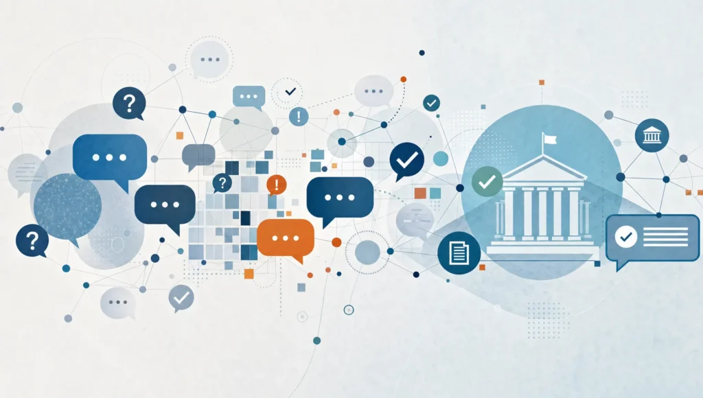 Layered civic nodes and speech marks suggest public voice, evidence, disagreement, and response.