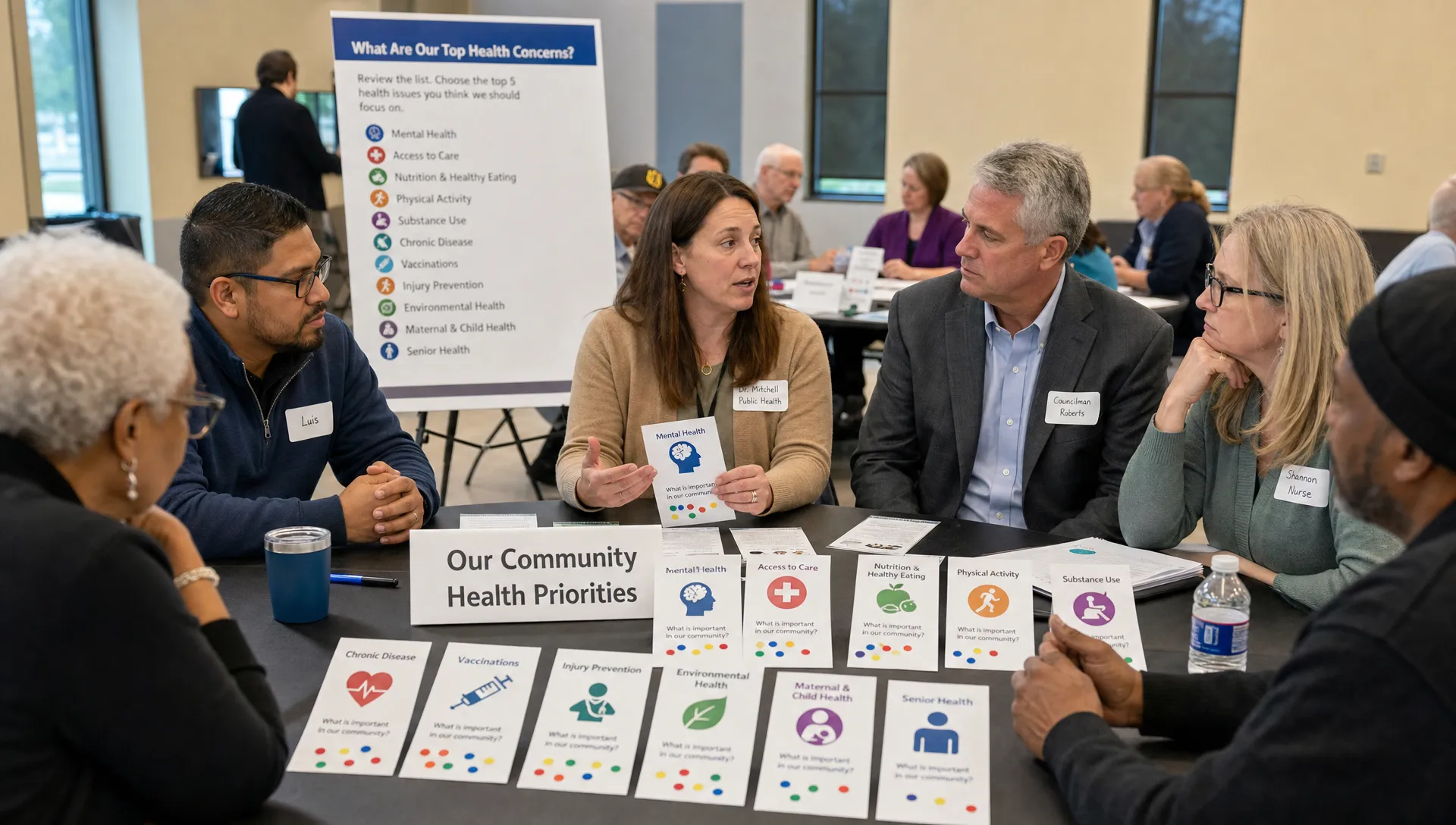 Residents, clinicians, and public officials review health priority cards and discuss local public health choices in a community hall.