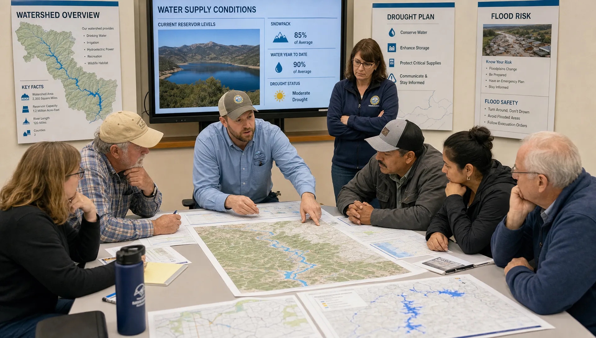 Residents, farmers, engineers and officials discuss river flows, reservoirs, drought plans and flood risk around printed watershed maps.