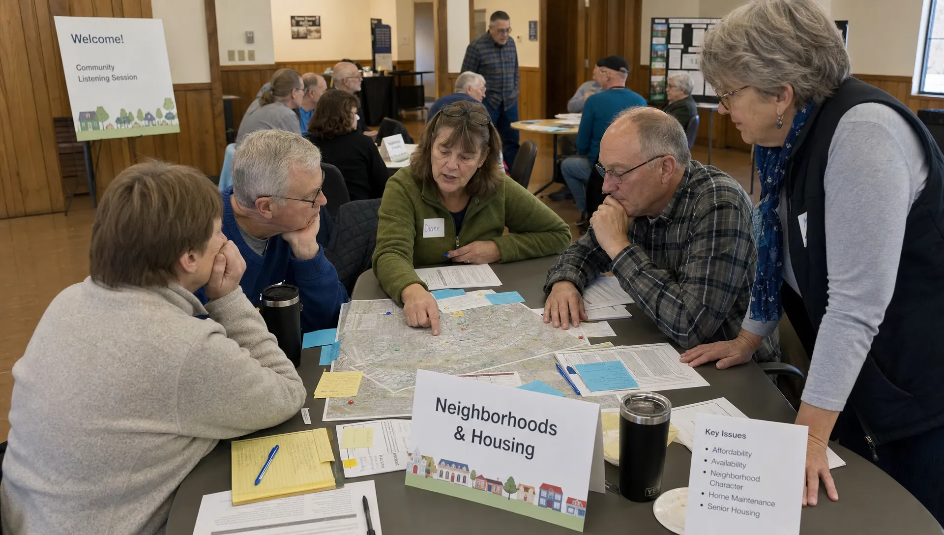 Residents gather around tables in a small-town community hall with printed maps, note cards, and local issue summaries.
