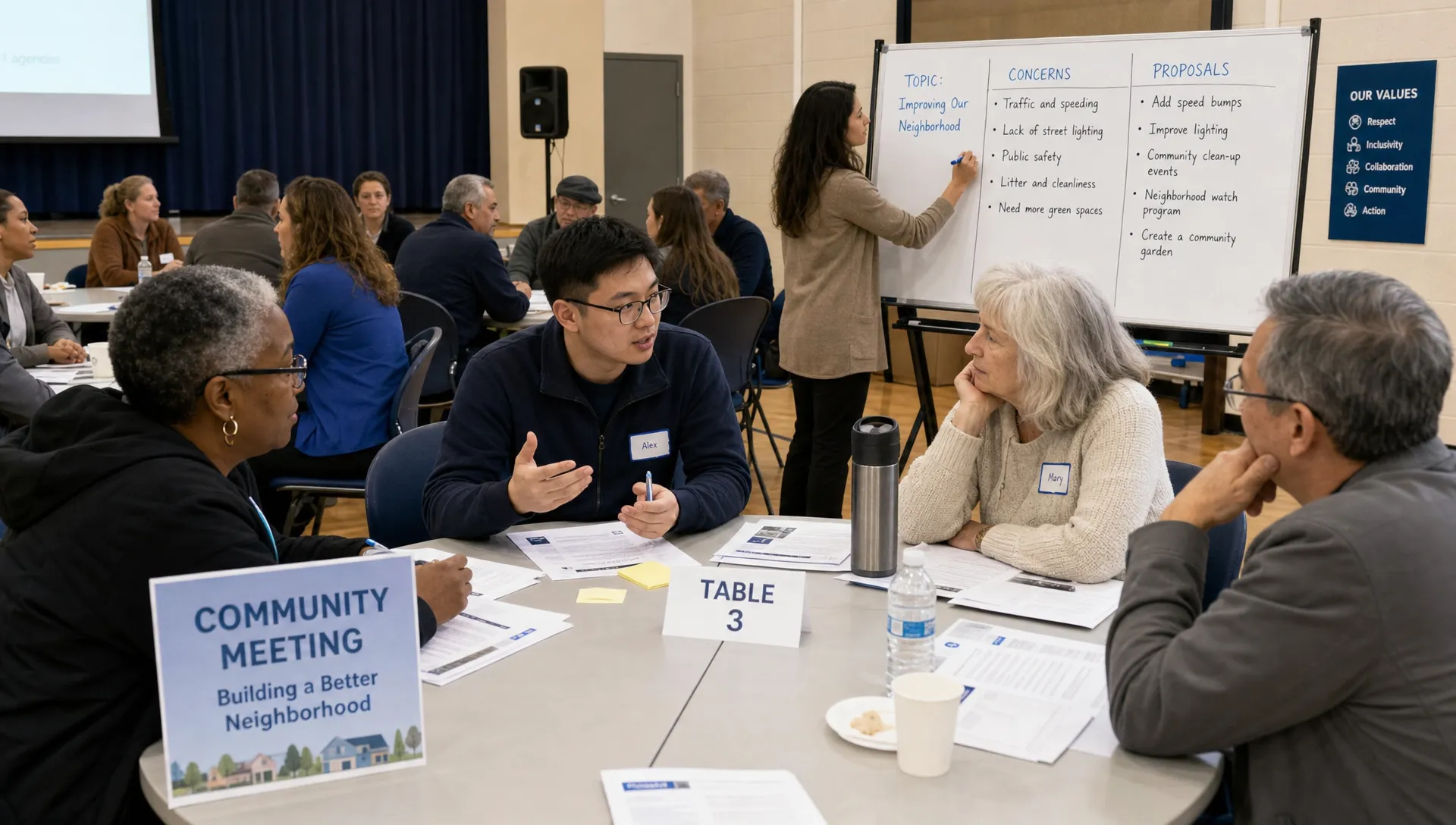 Residents gathered in a community hall, with printed agendas on tables and small groups discussing a neighborhood issue while a facilitator records shared concerns and proposals on a board.