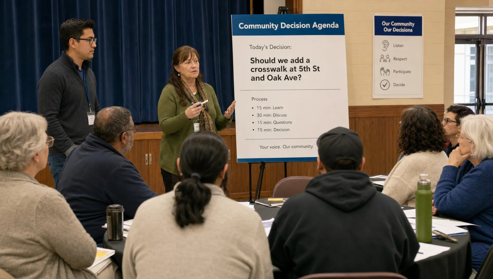 Residents in a neighborhood hall review a single local decision with facilitators and a public agenda board.