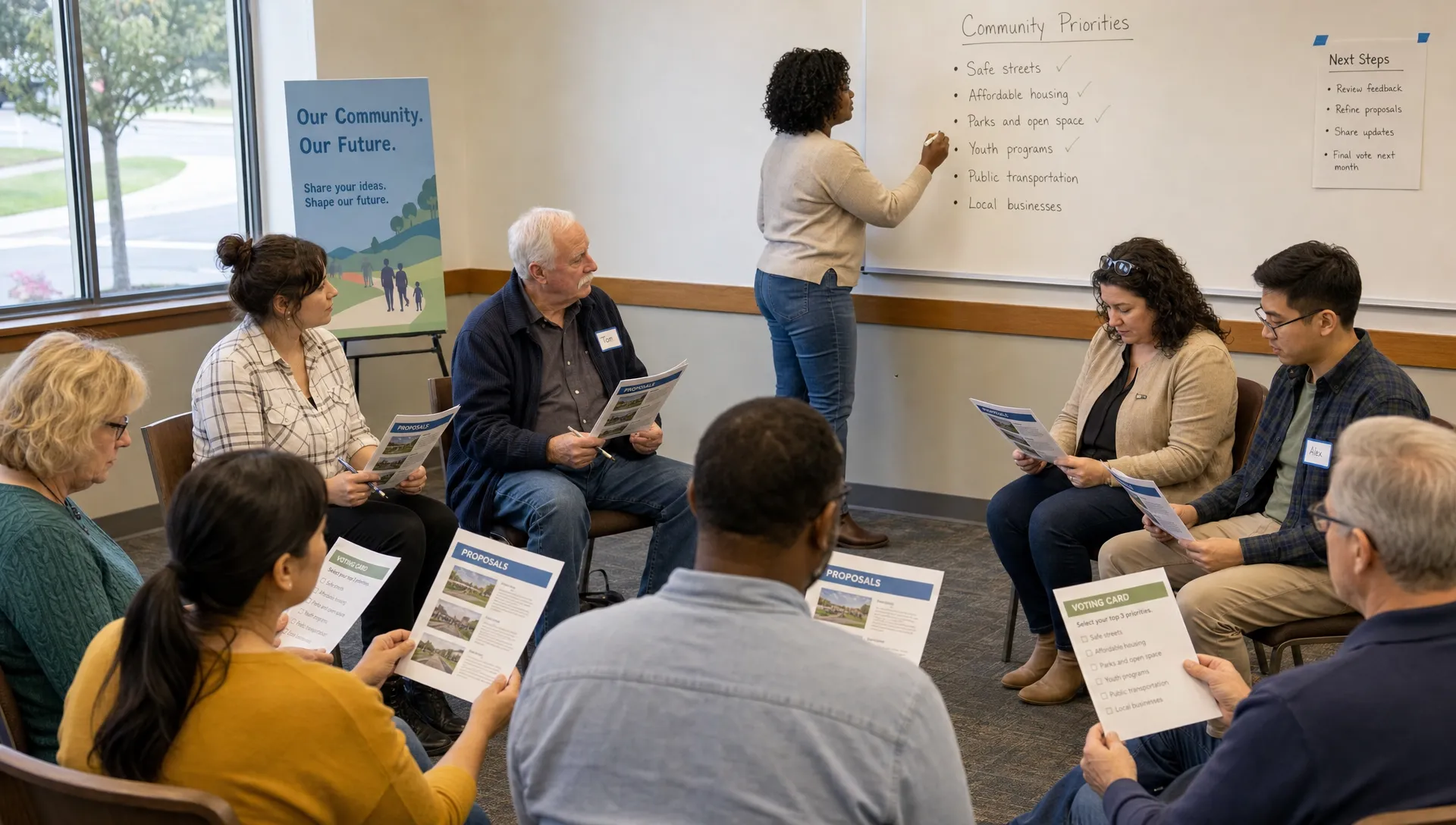 Residents sitting in a circle review public proposals and voting cards while a facilitator records shared priorities on a wall board.