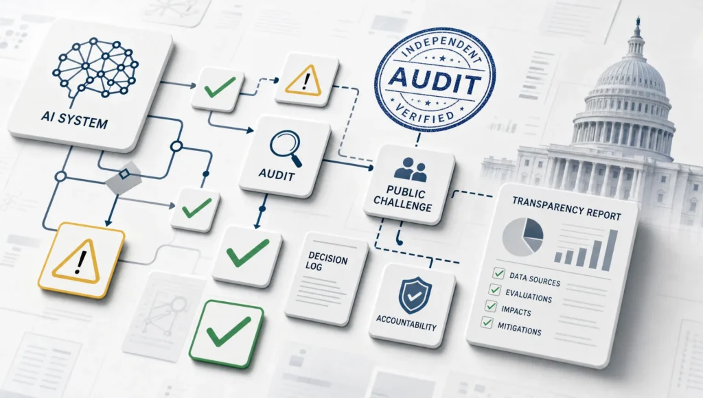 Symbols for audits, warnings, and citizen feedback form a grid about government AI oversight.
