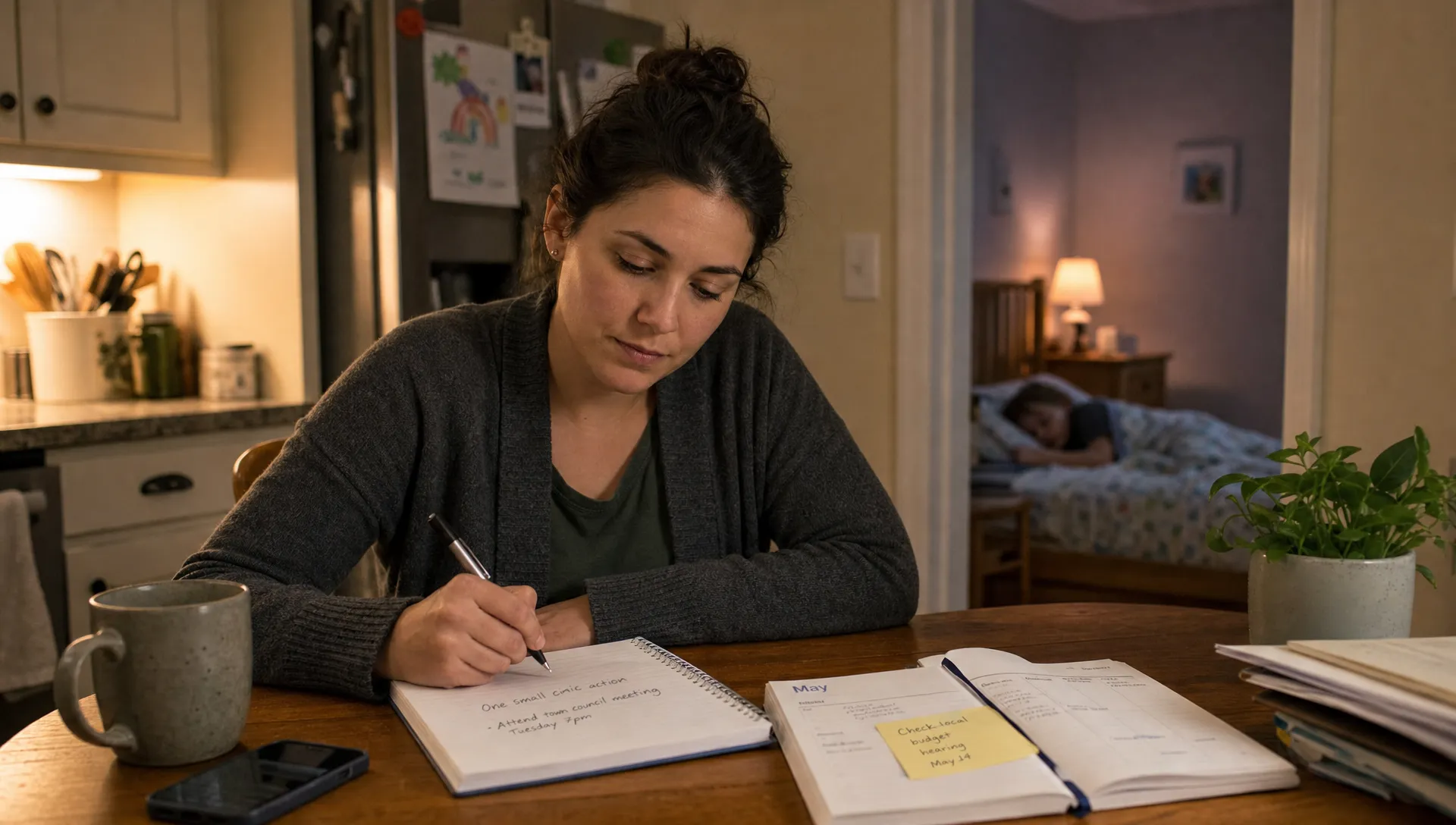 A caregiver sits at a kitchen table with a notebook, local agenda, and phone, planning one small civic action after bedtime.