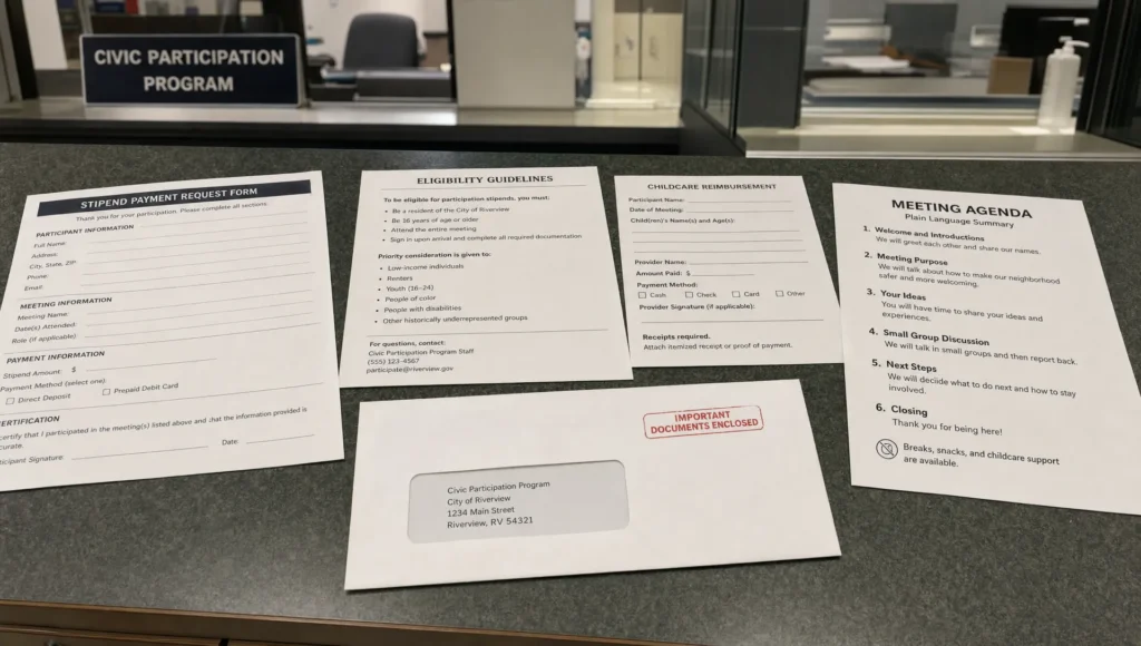 A civic participation packet on a public desk includes a stipend form, childcare reimbursement slip, and meeting agenda.