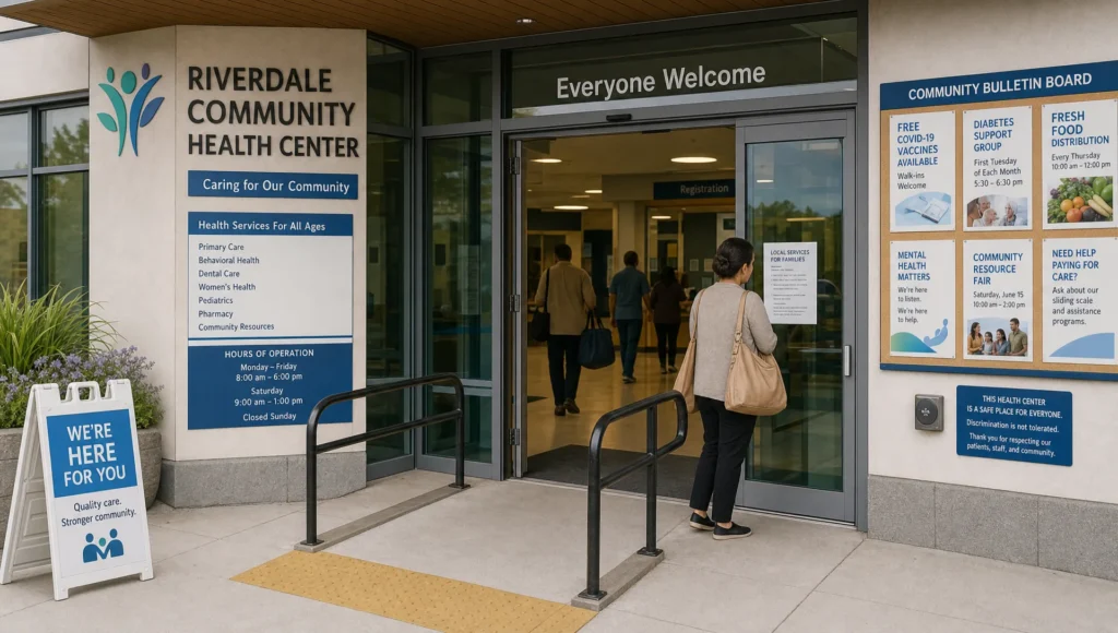 A community health center entrance with service notices and arriving adults shows where caregivers can engage with local public decisions.