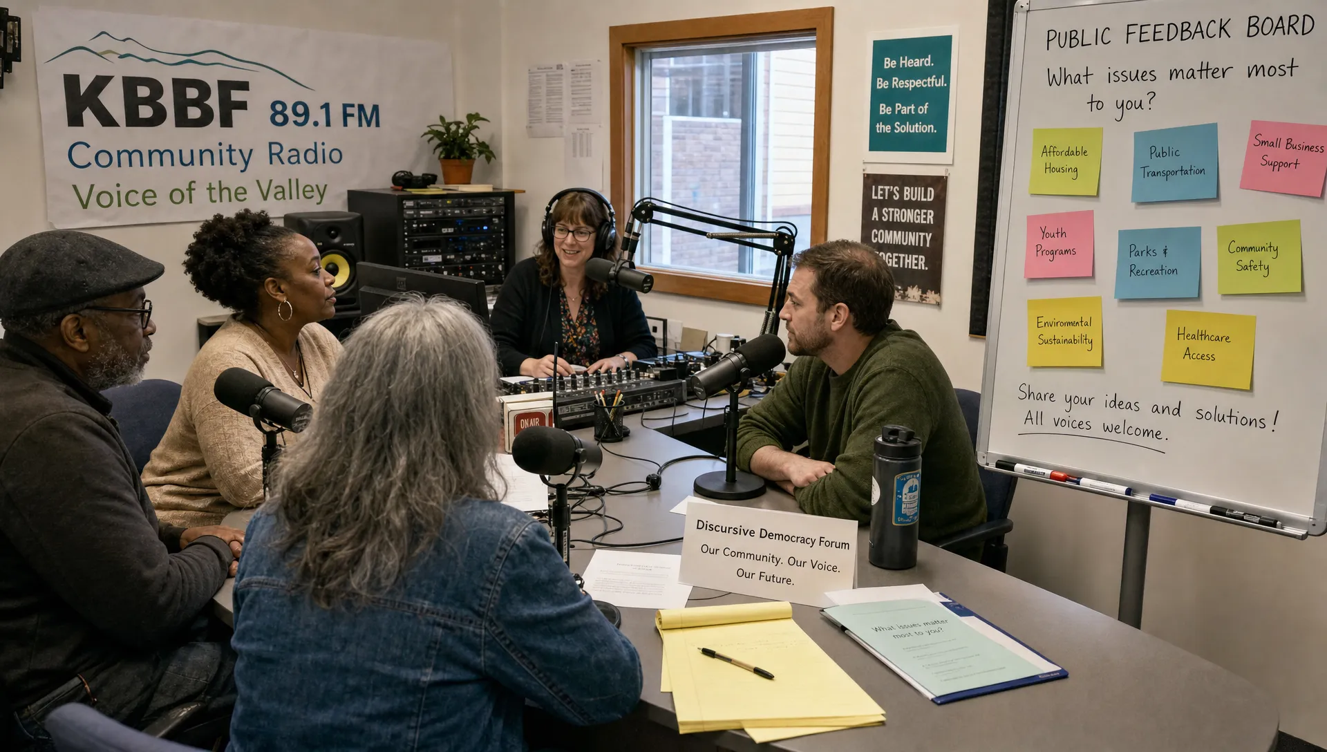 A community radio studio hosts a discursive democracy forum with a host, residents at microphones, issue notes, and a public feedback board.