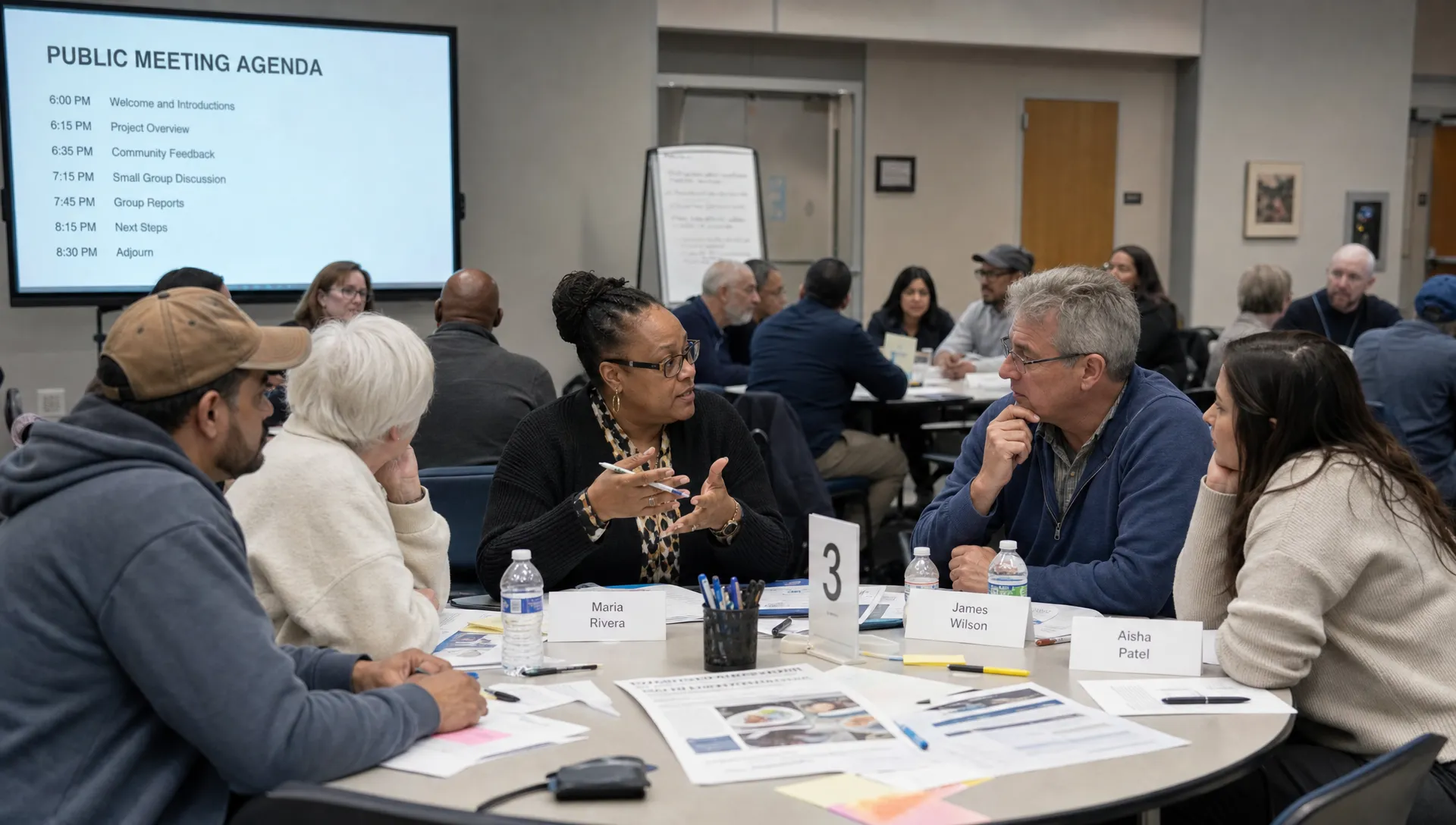 A diverse group of adults deliberate around tables with briefing materials, name cards and a visible public agenda in the room.