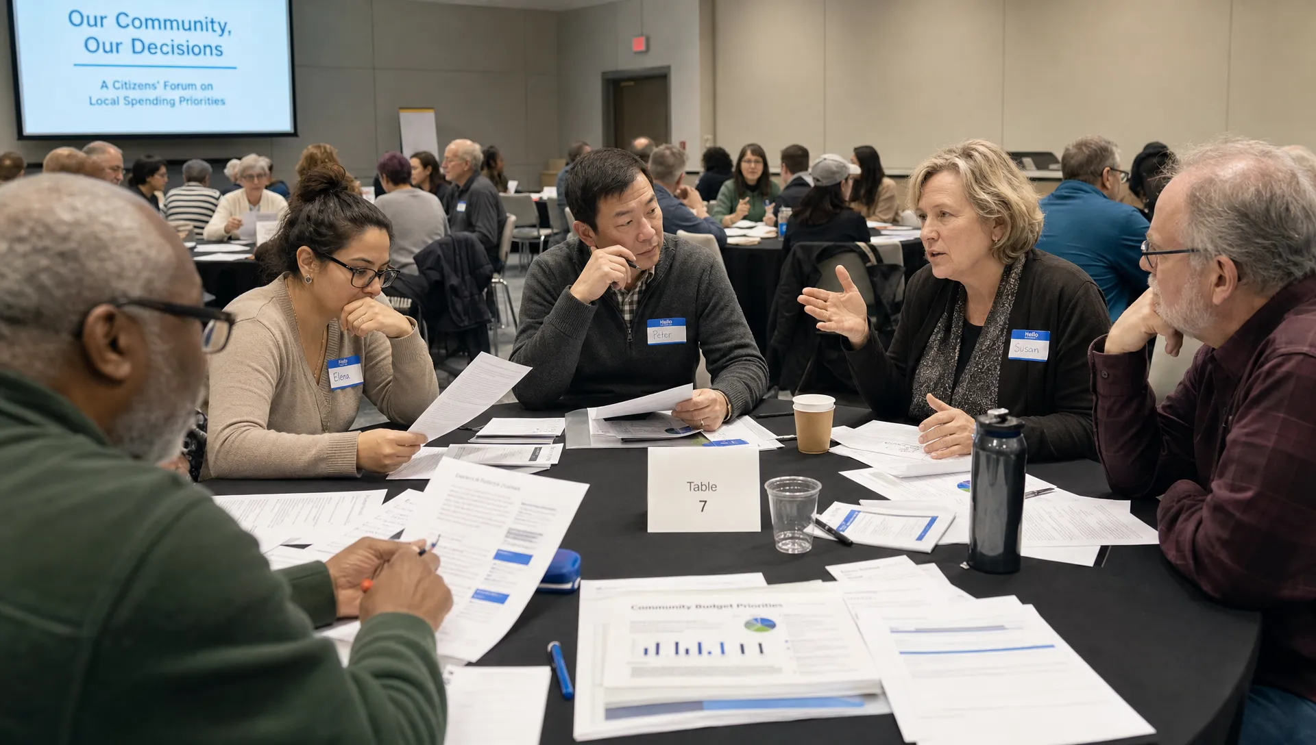 A diverse group of adults seated in a civic forum reviews printed evidence and discusses public policy in a deliberative democracy process.