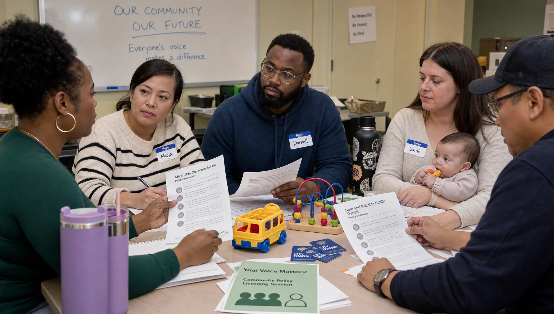 A diverse group of residents sit around a community table reviewing policy summaries with childcare toys, transit cards, and name badges visible.