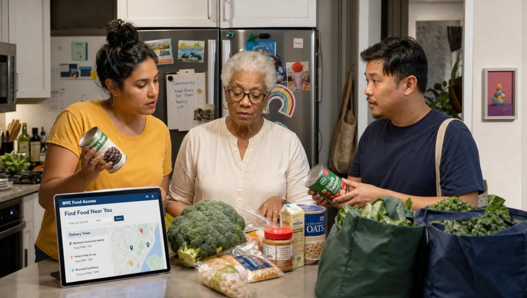 A family and neighbor compare groceries and food access information in a home kitchen.