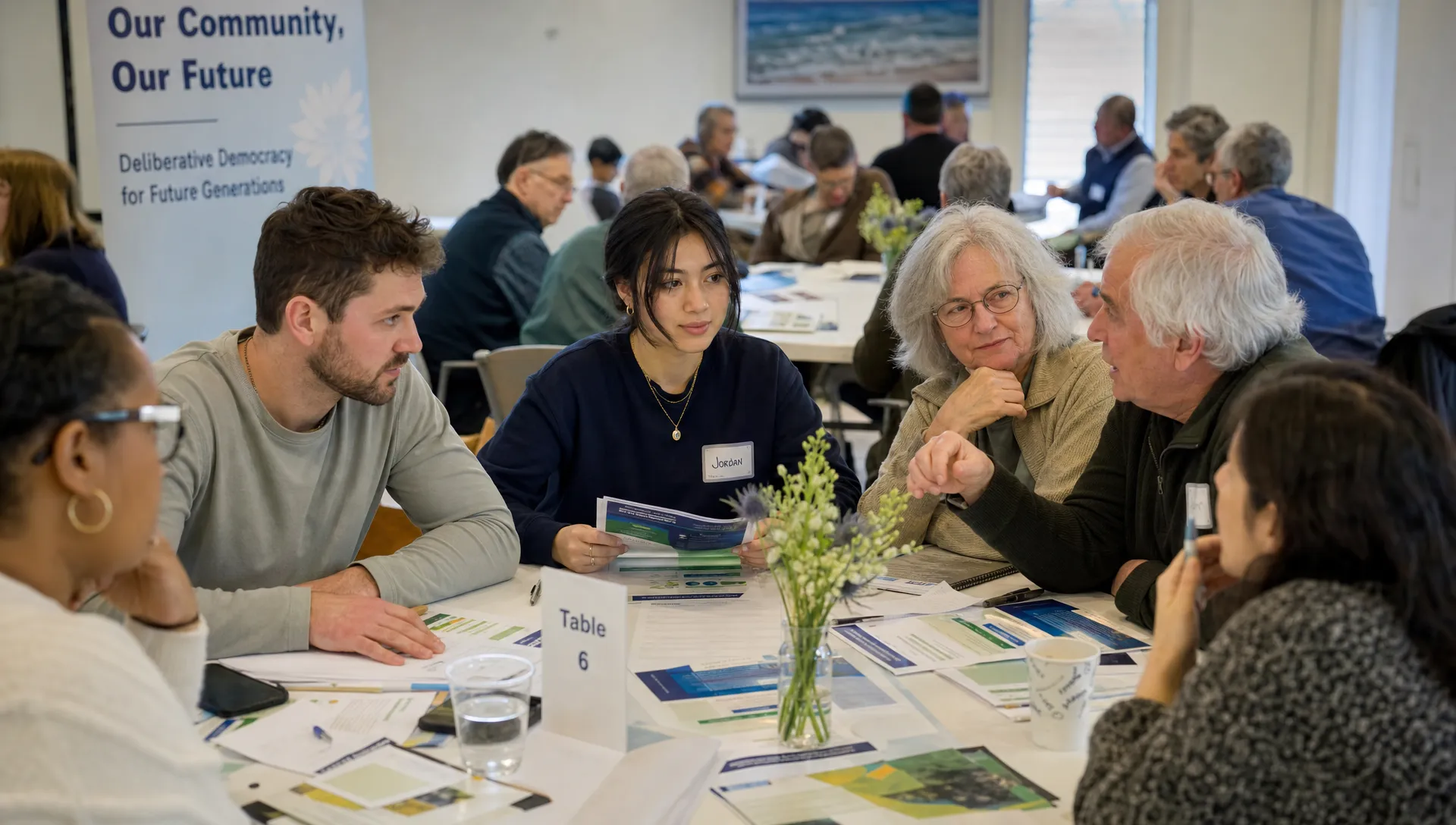 A mixed-age group in a public forum reviews policy materials and discusses deliberative democracy for future generations around a shared table.