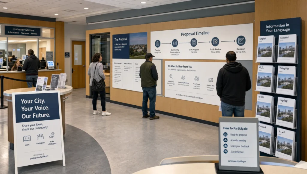 A municipal consultation lobby shows residents reading policy summaries and a public decision timeline before taking part in a civic process.