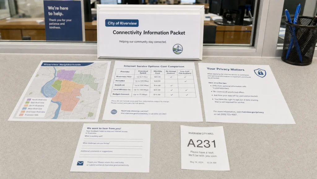 A municipal packet with maps, cost sheets, and privacy notes sits at a public service desk for internet access decisions.