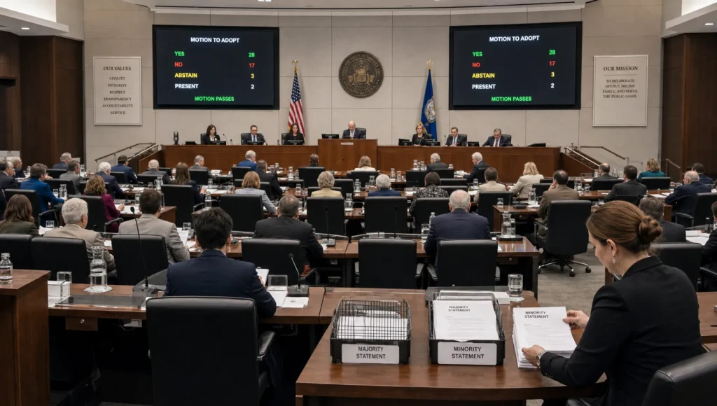 A public assembly chamber shows majority and minority statements being prepared beside seated citizens.