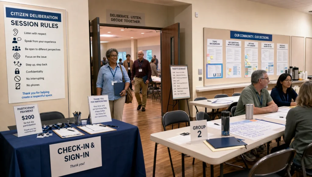 A public assembly room is prepared for a deliberative democracy forum with tables, notice boards and sign-in materials.