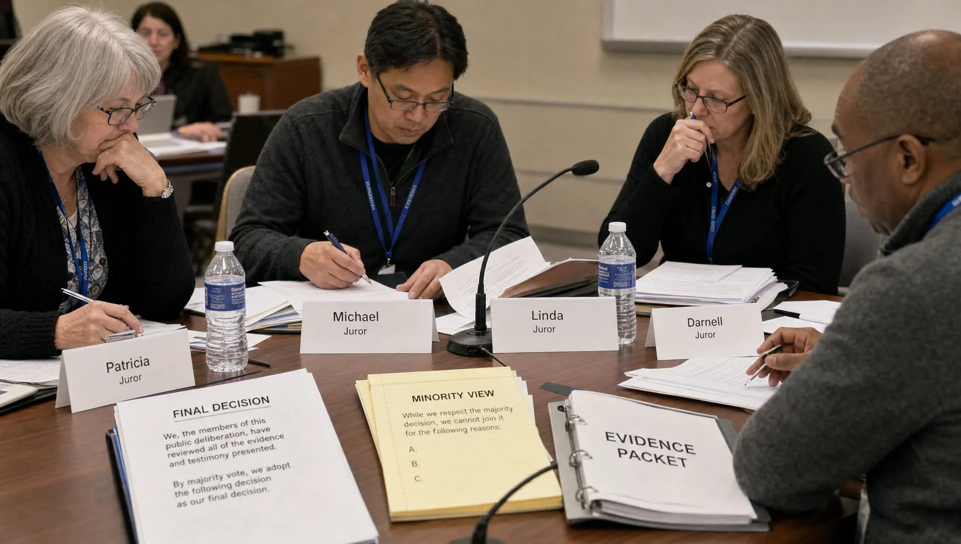 A public deliberation table shows a final decision sheet, minority view notes, name cards, microphones, and adults reviewing evidence together.