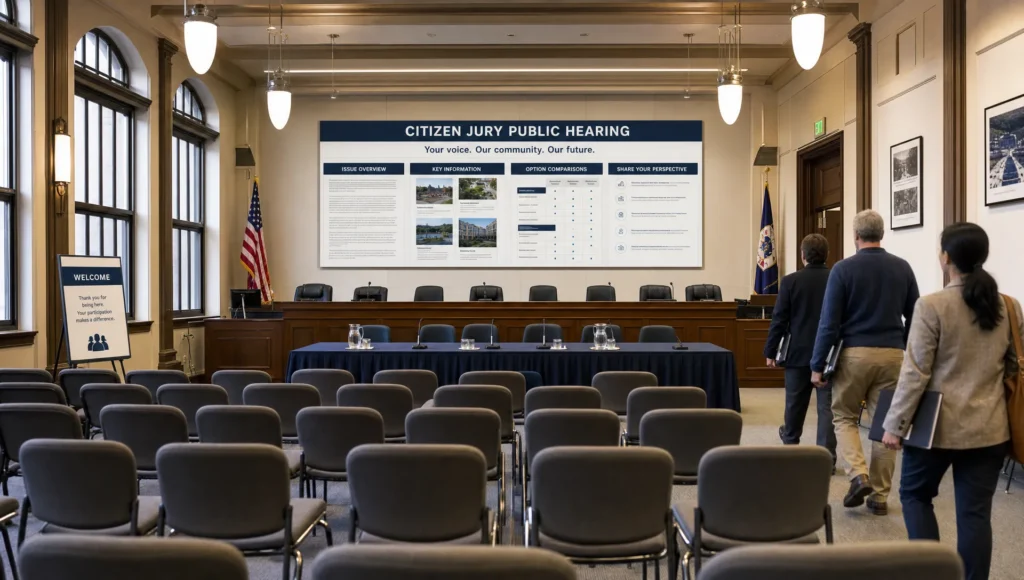 A public hearing room is set up for citizens to deliberate, with chairs, microphones, and issue materials ready.