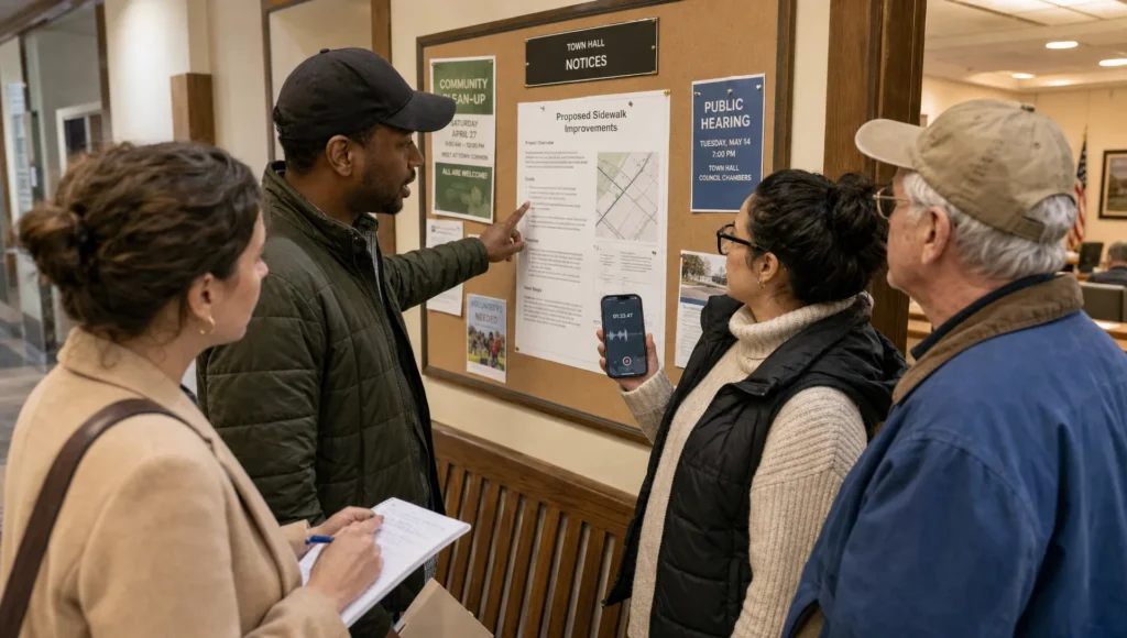 A reporter and residents review a local issue together in a town hall hallway during a community news discussion.