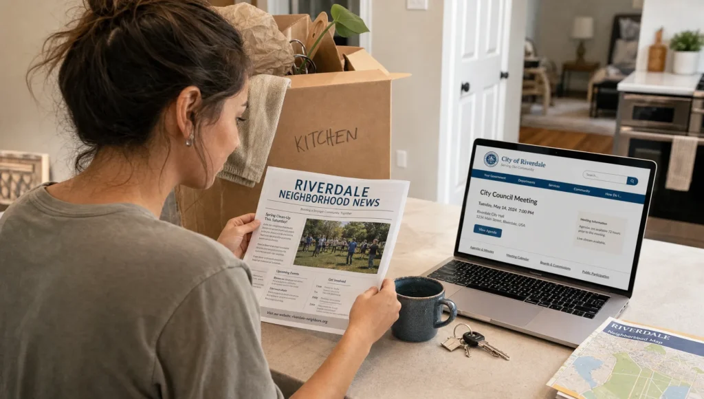 A resident in a new home reads a neighborhood newsletter and city meeting page as part of civic participation.