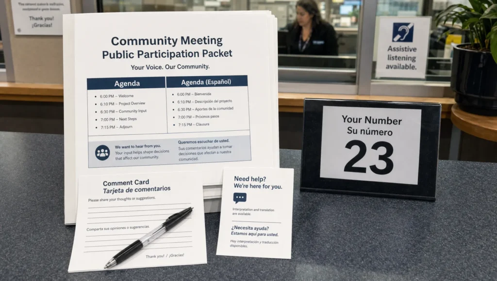 A translated civic packet, comment card, and help card sit on a municipal counter ready for residents to use.