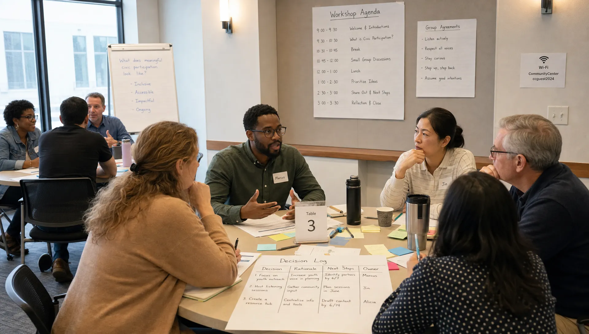A workshop room where small groups discuss civic participation notes, with a shared agenda on the wall and decision logs on the table.