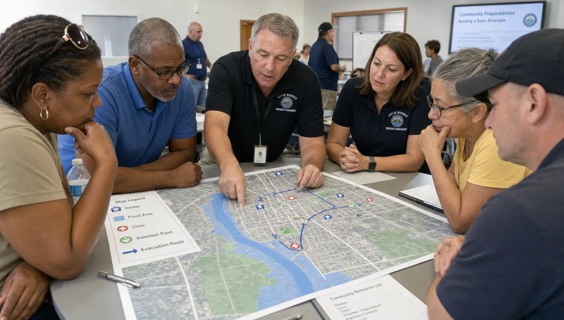 Adult residents and local officials gather around a printed neighborhood map to review shelters, flood zones, clinics, and volunteer points.