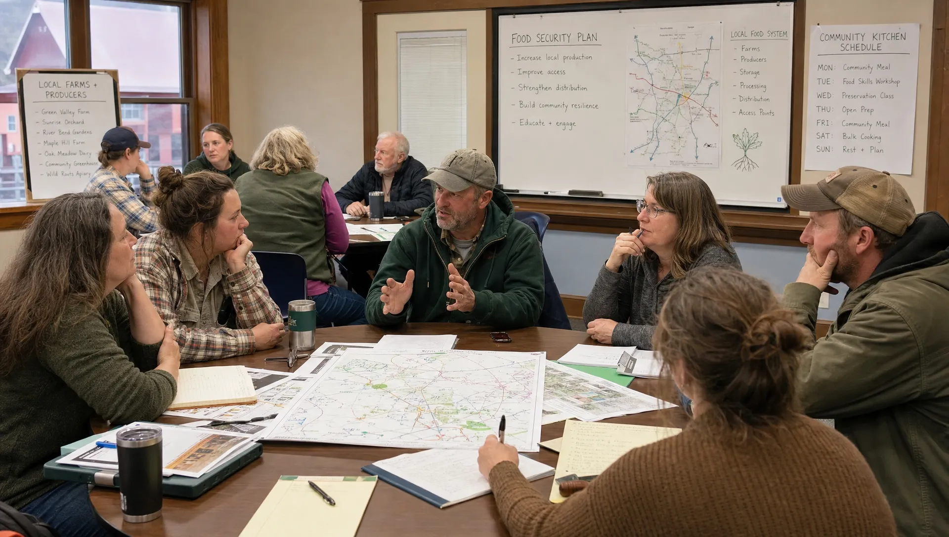 Adult residents discuss food security planning around tables with maps, farm notes, kitchen schedules, and supply routes in a community meeting room.