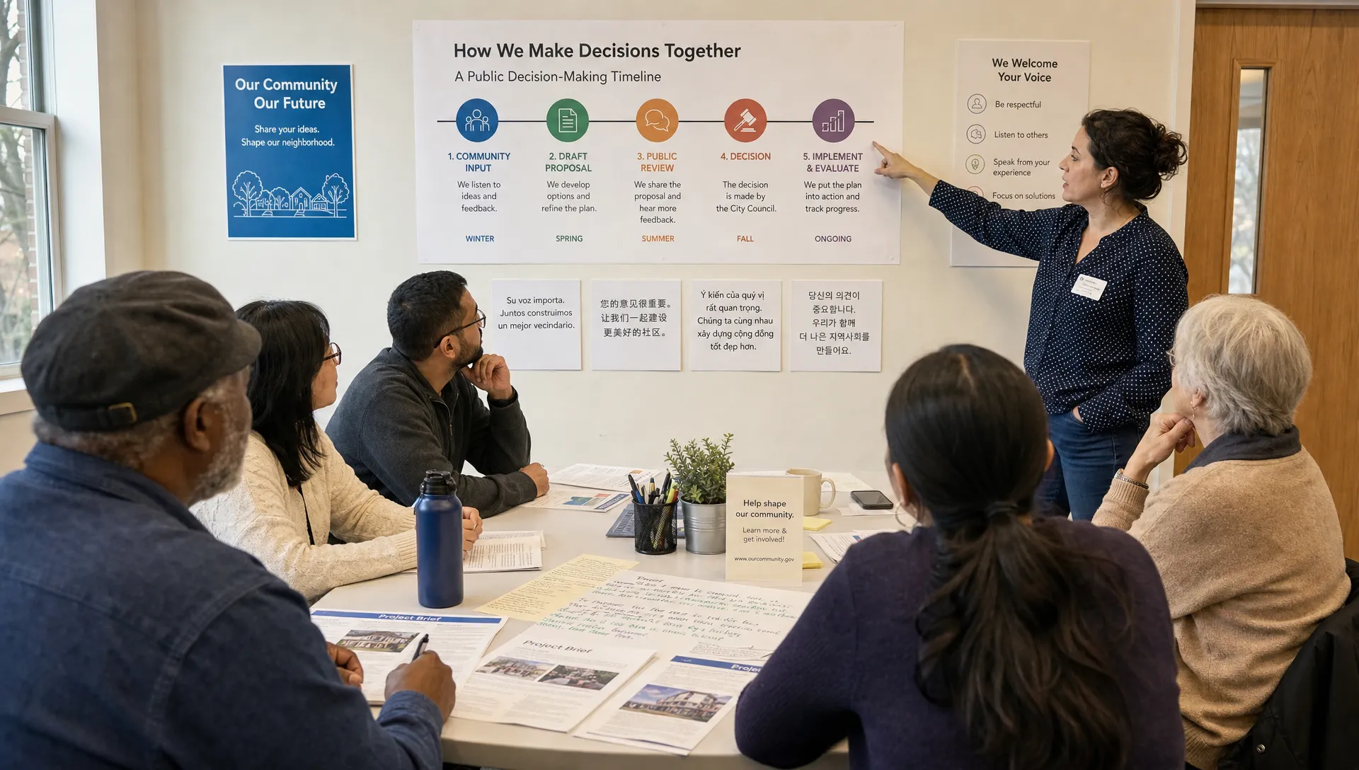 Adult residents sit around a community table with printed civic briefs and multilingual notes while a facilitator points to a public decision timeline on the wall.