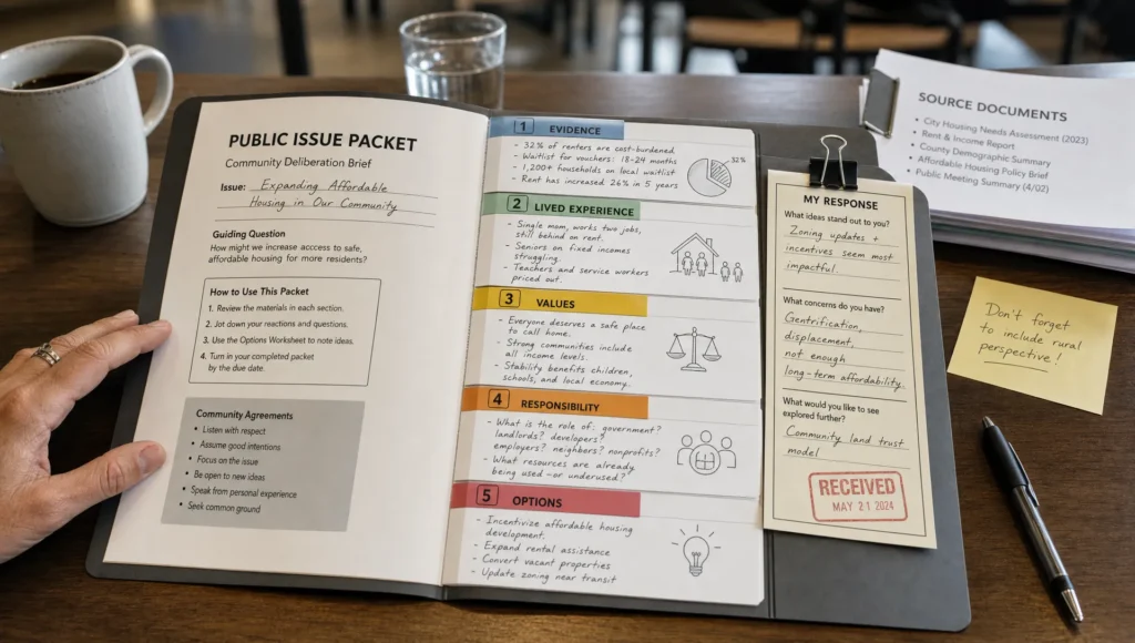 An open issue packet shows evidence, values, and responsibility sections for framing a public problem.