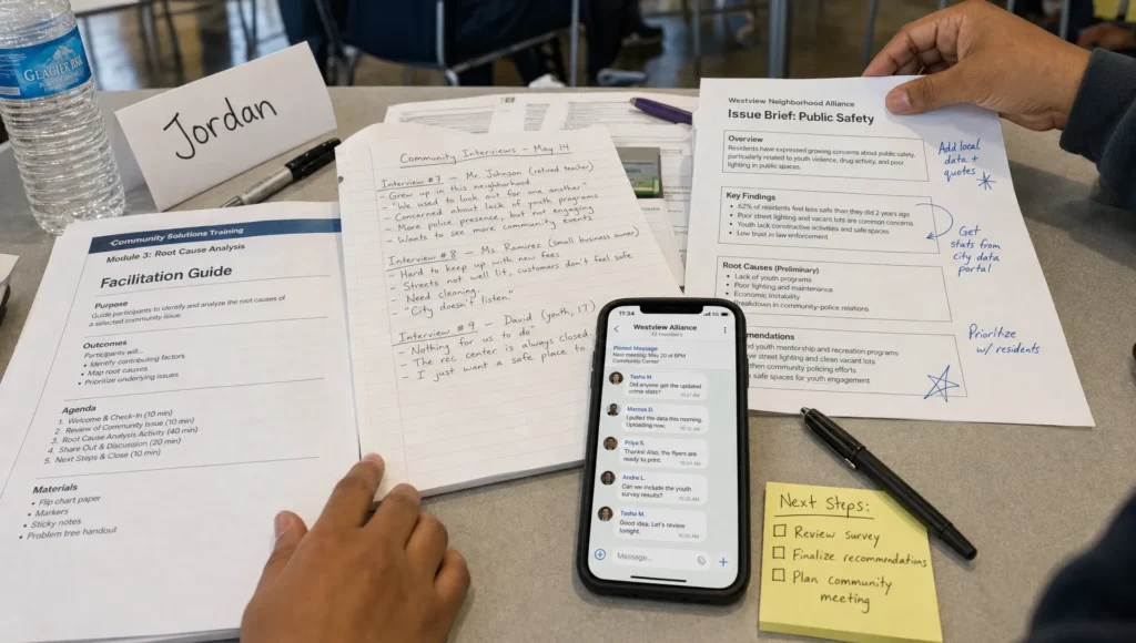 Community interview notes and a facilitation sheet lie on a training table for new organizers.