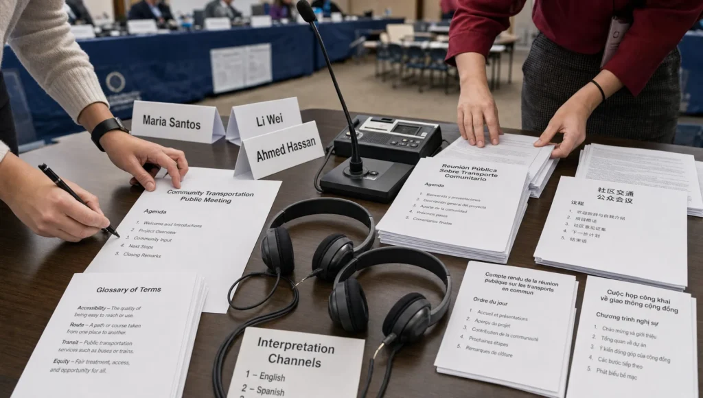 Hands prepare translated agendas, glossaries, and interpreter headsets for a multilingual civic session on a public meeting table.