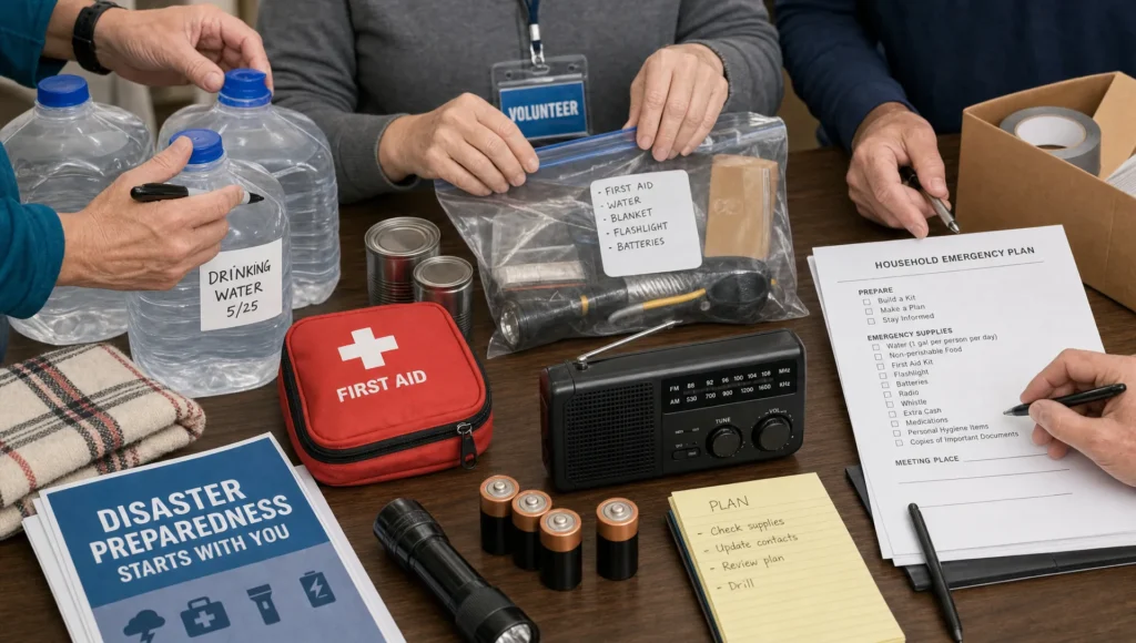 Hands sort emergency supplies and checklists during a community preparedness setup.
