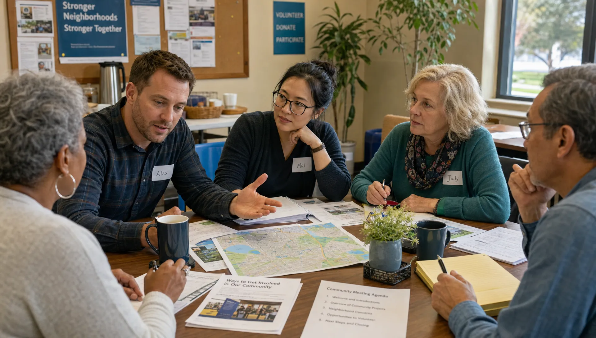 Neighbors around a community table review local maps, meeting agendas and notebooks while discussing civic participation after a move.