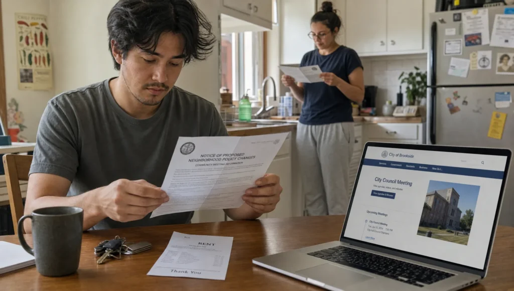 Renter at a kitchen table reading a neighborhood policy notice beside rent papers and an open city meeting page.