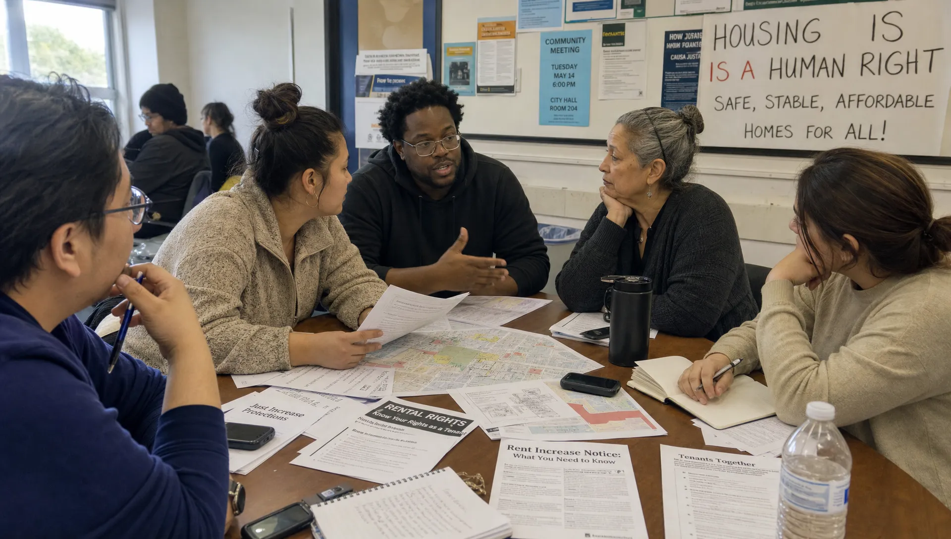 Renters in a community room discussing housing changes around printed notices, maps, notebooks, and phones before a city meeting.