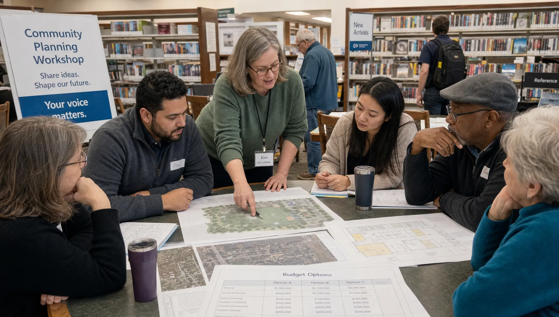 Residents and facilitators discuss printed maps, seating plans, and budget options inside a public library.
