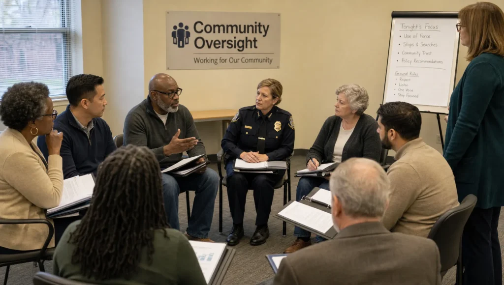 Residents and police officials discuss oversight policy in a community center meeting.