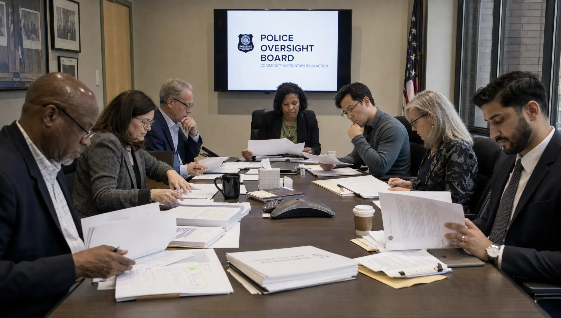 Residents, board members and officials review evidence packets around a police oversight meeting table.
