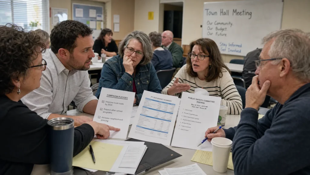 Residents discuss campaign promises, budgets, and committee dates around a community table.