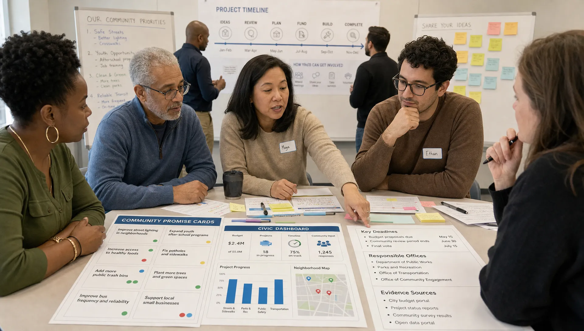 Residents gather around a community table with promise cards, civic dashboards, and notes listing deadlines, responsible offices, and evidence sources.