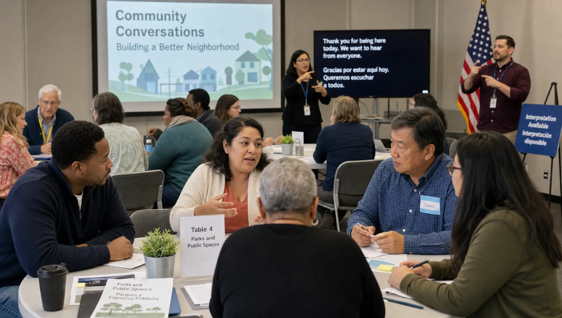 Residents in a community hall discuss public issues in small groups while interpreters, translated handouts, and sign language support the exchange.